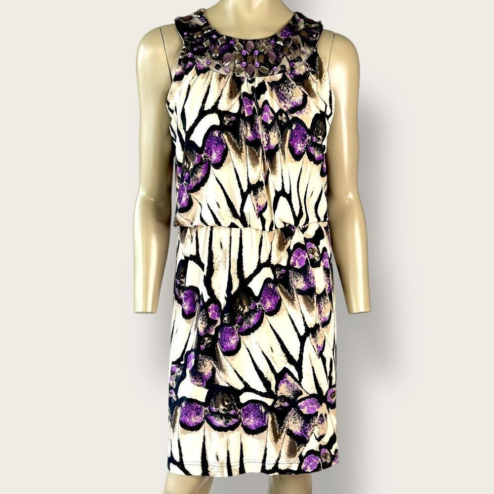 110 West Sleeveless Beaded Blouson Jersey Stretch Sheath Dress Size 6 Abstract